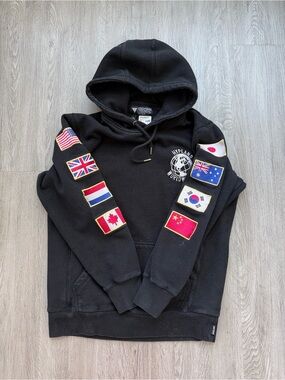 Hypland Black Crewneck Hoodie with International Flag Patches